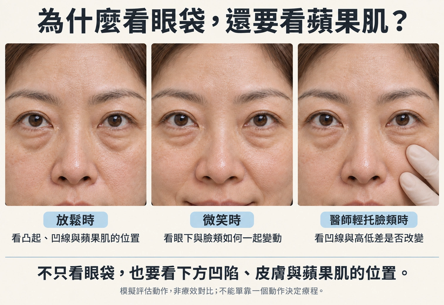 放鬆時中臉凹陷微笑與醫師輕托蘋果肌時眼袋外觀部分被隱藏的評估示意