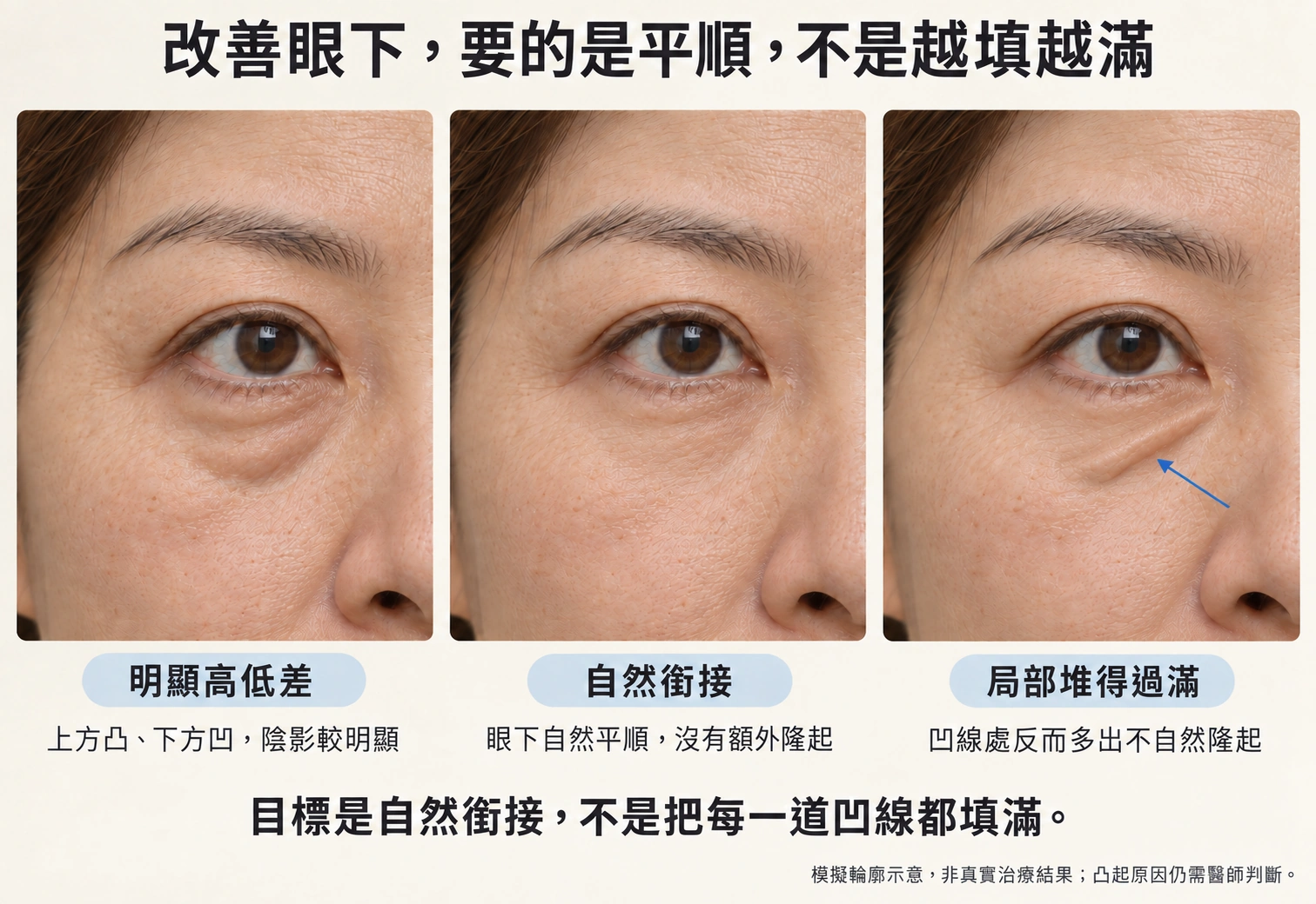 眼下高低差、自然平順銜接及原淚溝路徑局部條狀凸起的模擬比較